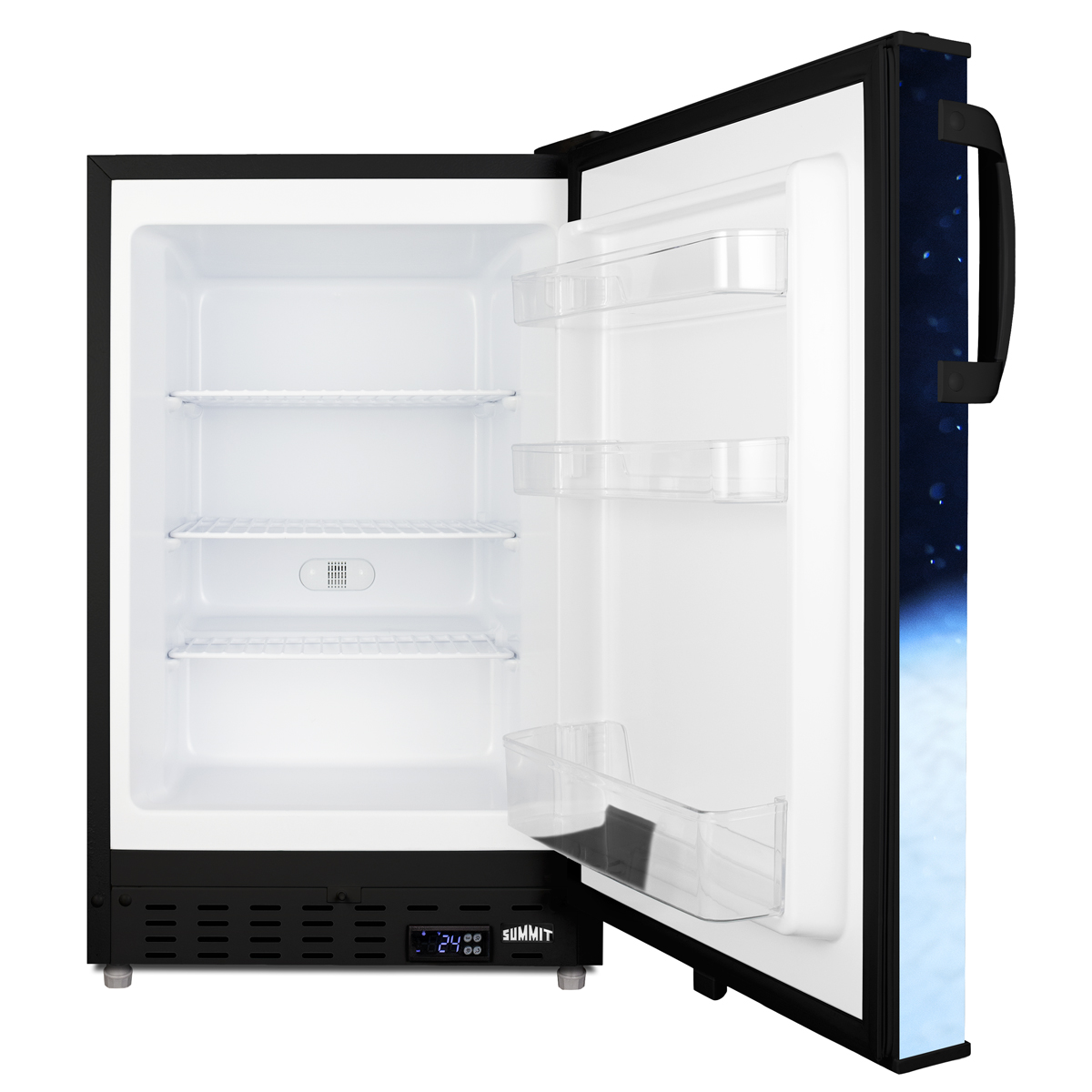 COLD CAVERN beer froster, Summit's built-in undercounter ADA compliant freezer that stores aluminum bottled beer at 24 F; manual defrost operation with door decal and black cabinet finish